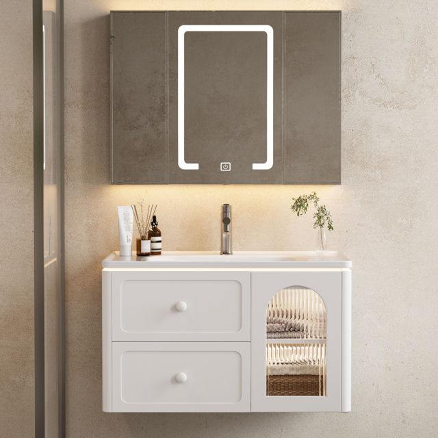 800mm Modern Floating LED Bathroom Vanity with Ribbed Glass Door & Drawers - image 1