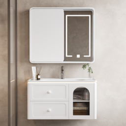 800mm Modern Floating LED Bathroom Vanity with Ribbed Glass Door & Drawers - thumbnail 2