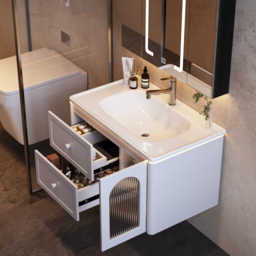 800mm Modern Floating LED Bathroom Vanity with Ribbed Glass Door & Drawers - thumbnail 9