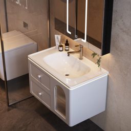 800mm Modern Floating LED Bathroom Vanity with Ribbed Glass Door & Drawers - thumbnail 8