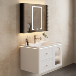 800mm Modern Floating LED Bathroom Vanity with Ribbed Glass Door & Drawers - thumbnail 4