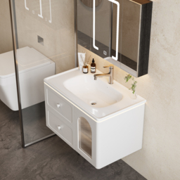 800mm Modern Floating LED Bathroom Vanity with Ribbed Glass Door & Drawers - thumbnail 5