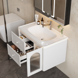 800mm Modern Floating LED Bathroom Vanity with Ribbed Glass Door & Drawers - thumbnail 7