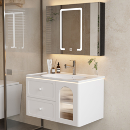 800mm Modern Floating LED Bathroom Vanity with Ribbed Glass Door & Drawers - thumbnail 3