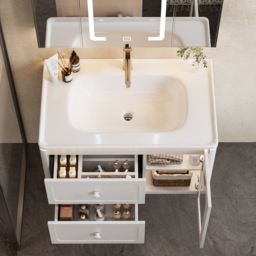 800mm Modern Floating LED Bathroom Vanity with Ribbed Glass Door & Drawers - thumbnail 6