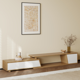 Up to 2800 mm Extendable White & Walnut TV Stand Minimalist Floor Media Console with 3 Drawers - thumbnail 2
