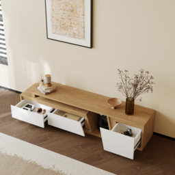 Up to 2800 mm Extendable White & Walnut TV Stand Minimalist Floor Media Console with 3 Drawers - thumbnail 3