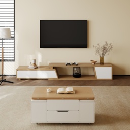 Up to 2800 mm Extendable White & Walnut TV Stand Minimalist Floor Media Console with 3 Drawers - thumbnail 5