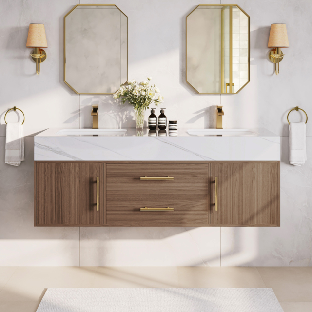 150 cm Double Basin Bathroom Vanity with Gold Handles – Walnut Modern Floating Vanity - image 1