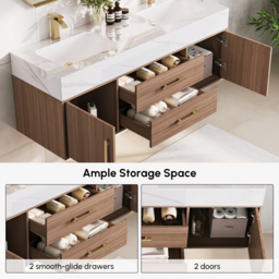 150 cm Double Basin Bathroom Vanity with Gold Handles – Walnut Modern Floating Vanity - thumbnail 4