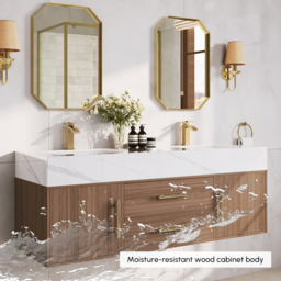 150 cm Double Basin Bathroom Vanity with Gold Handles – Walnut Modern Floating Vanity - thumbnail 7
