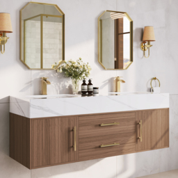 150 cm Double Basin Bathroom Vanity with Gold Handles – Walnut Modern Floating Vanity - thumbnail 2