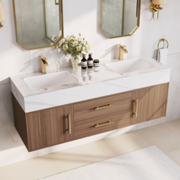150 cm Double Basin Bathroom Vanity with Gold Handles – Walnut Modern Floating Vanity - thumbnail 3