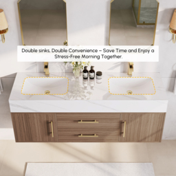 150 cm Double Basin Bathroom Vanity with Gold Handles – Walnut Modern Floating Vanity - thumbnail 5