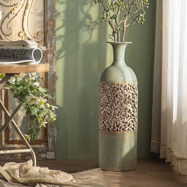 670mm French Country Large Metal Floor Vase Tall Home Geometric Decor Art Green & White - image 1