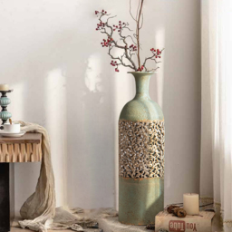 670mm French Country Large Metal Floor Vase Tall Home Geometric Decor Art Green & White - thumbnail 2