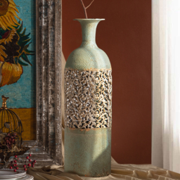 670mm French Country Large Metal Floor Vase Tall Home Geometric Decor Art Green & White - thumbnail 4