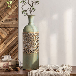 670mm French Country Large Metal Floor Vase Tall Home Geometric Decor Art Green & White - thumbnail 3