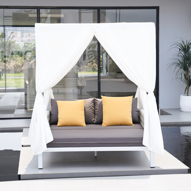 White Aluminium & Grey Woven Rope 2-Person Outdoor Patio Daybed with Canopy Curtains - image 1