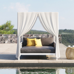 White Aluminium & Grey Woven Rope 2-Person Outdoor Patio Daybed with Canopy Curtains - thumbnail 7