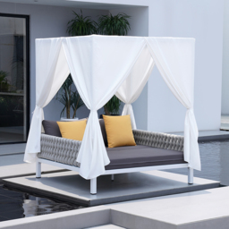 White Aluminium & Grey Woven Rope 2-Person Outdoor Patio Daybed with Canopy Curtains - thumbnail 5