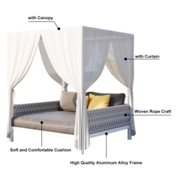 White Aluminium & Grey Woven Rope 2-Person Outdoor Patio Daybed with Canopy Curtains - thumbnail 9
