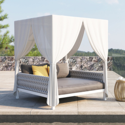 White Aluminium & Grey Woven Rope 2-Person Outdoor Patio Daybed with Canopy Curtains - thumbnail 6