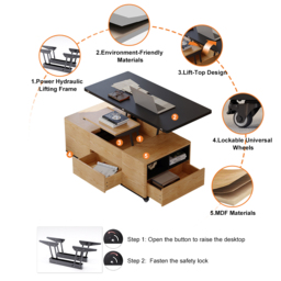 Modern Lift Top Coffee Table Multi Functional Table with 3 Drawers in Natural & Black - thumbnail 6