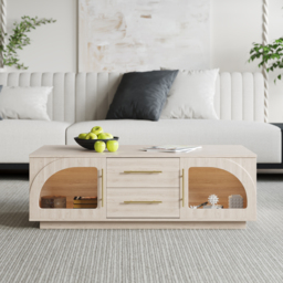 Arune 2032 mm Mid-Century Modern Black TV Stand Coffee Table Set with LED Lights and Arched Glass Cabinet Doors - thumbnail 8
