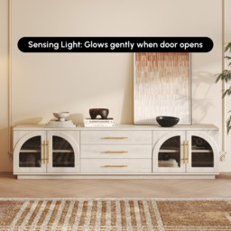 Arune 2032 mm Mid-Century Modern Black TV Stand Coffee Table Set with LED Lights and Arched Glass Cabinet Doors - thumbnail 3