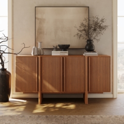 Mid-Century 164cm Walnut Wood Fluted Sideboard with Storage & Adjustable Shelves