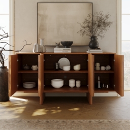 Mid-Century 164cm Walnut Wood Fluted Sideboard with Storage & Adjustable Shelves - thumbnail 5