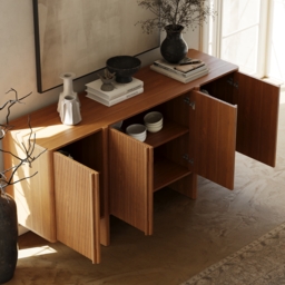 Mid-Century 164cm Walnut Wood Fluted Sideboard with Storage & Adjustable Shelves - thumbnail 4