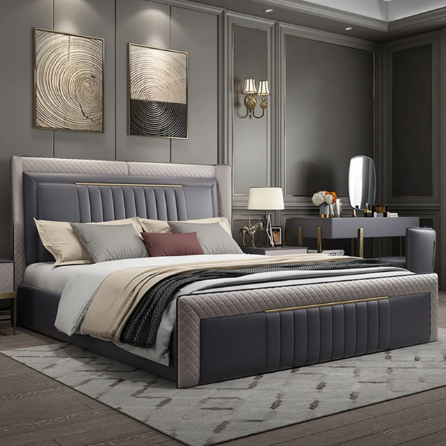 Queen Low Profile Platform Bed Upholstered Wingback Bed in Grey - image 1