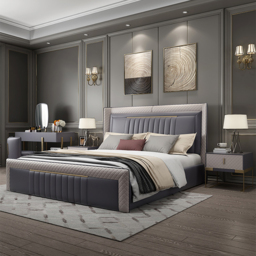 Queen Low Profile Platform Bed Upholstered Wingback Bed in Grey - thumbnail 3