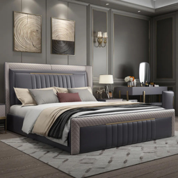 Queen Low Profile Platform Bed Upholstered Wingback Bed in Grey - thumbnail 1