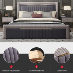 Queen Low Profile Platform Bed Upholstered Wingback Bed in Grey - thumbnail 5