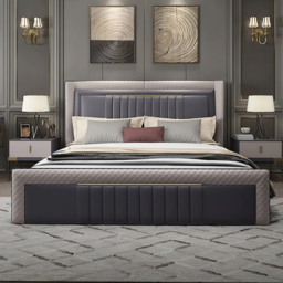 Queen Low Profile Platform Bed Upholstered Wingback Bed in Grey - thumbnail 2