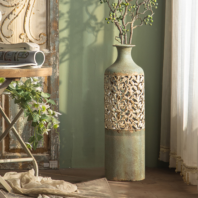 515mm French Country Large Metal Floor Vase Tall Home Geometric Decor Art Green & White - image 1