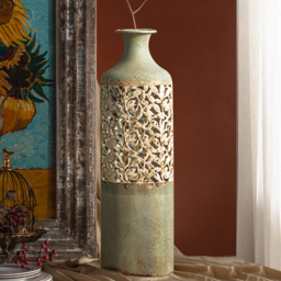 515mm French Country Large Metal Floor Vase Tall Home Geometric Decor Art Green & White - thumbnail 4