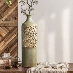 515mm French Country Large Metal Floor Vase Tall Home Geometric Decor Art Green & White - thumbnail 3