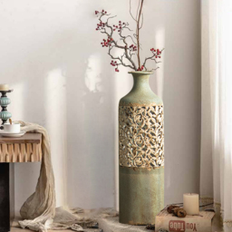 515mm French Country Large Metal Floor Vase Tall Home Geometric Decor Art Green & White - thumbnail 2