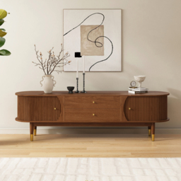 1830mm Ash Wood Fluted TV Stand Mid Century Modern Media Console with Storage in Walnut - thumbnail 2