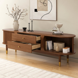 1830mm Ash Wood Fluted TV Stand Mid Century Modern Media Console with Storage in Walnut - thumbnail 4