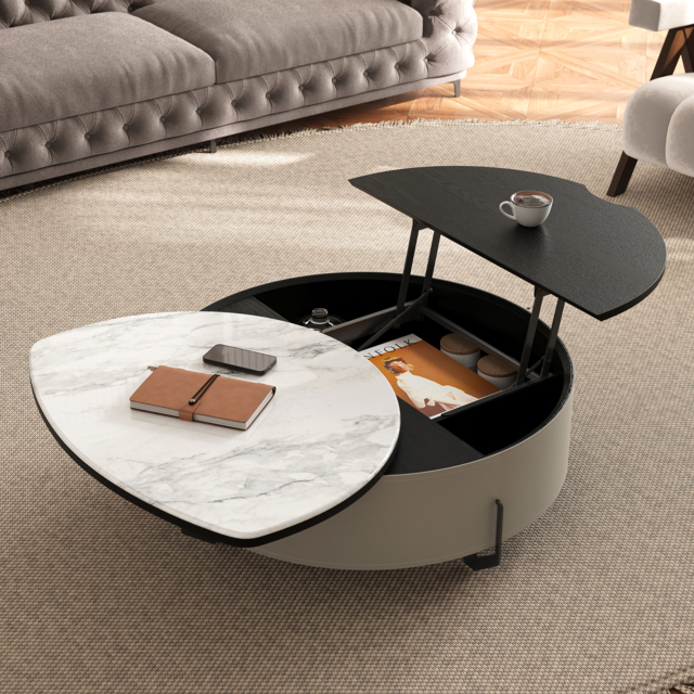 Round Lift-Top Coffee Table with Modern Faux Marble Tabletop and Leather Side - image 1