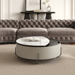 Round Lift-Top Coffee Table with Modern Faux Marble Tabletop and Leather Side - thumbnail 4
