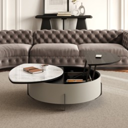 Round Lift-Top Coffee Table with Modern Faux Marble Tabletop and Leather Side - thumbnail 2