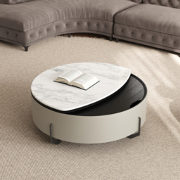 Round Lift-Top Coffee Table with Modern Faux Marble Tabletop and Leather Side - thumbnail 3