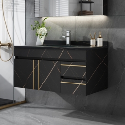 "35"" Floating Bathroom Vanity Faux Marble with Single Ceramic Sink Black"