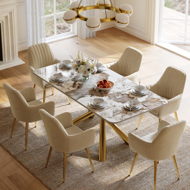 180 cm Modern Stone Top Rectangle Dining Table with Stainless Steel Trestle - image 1